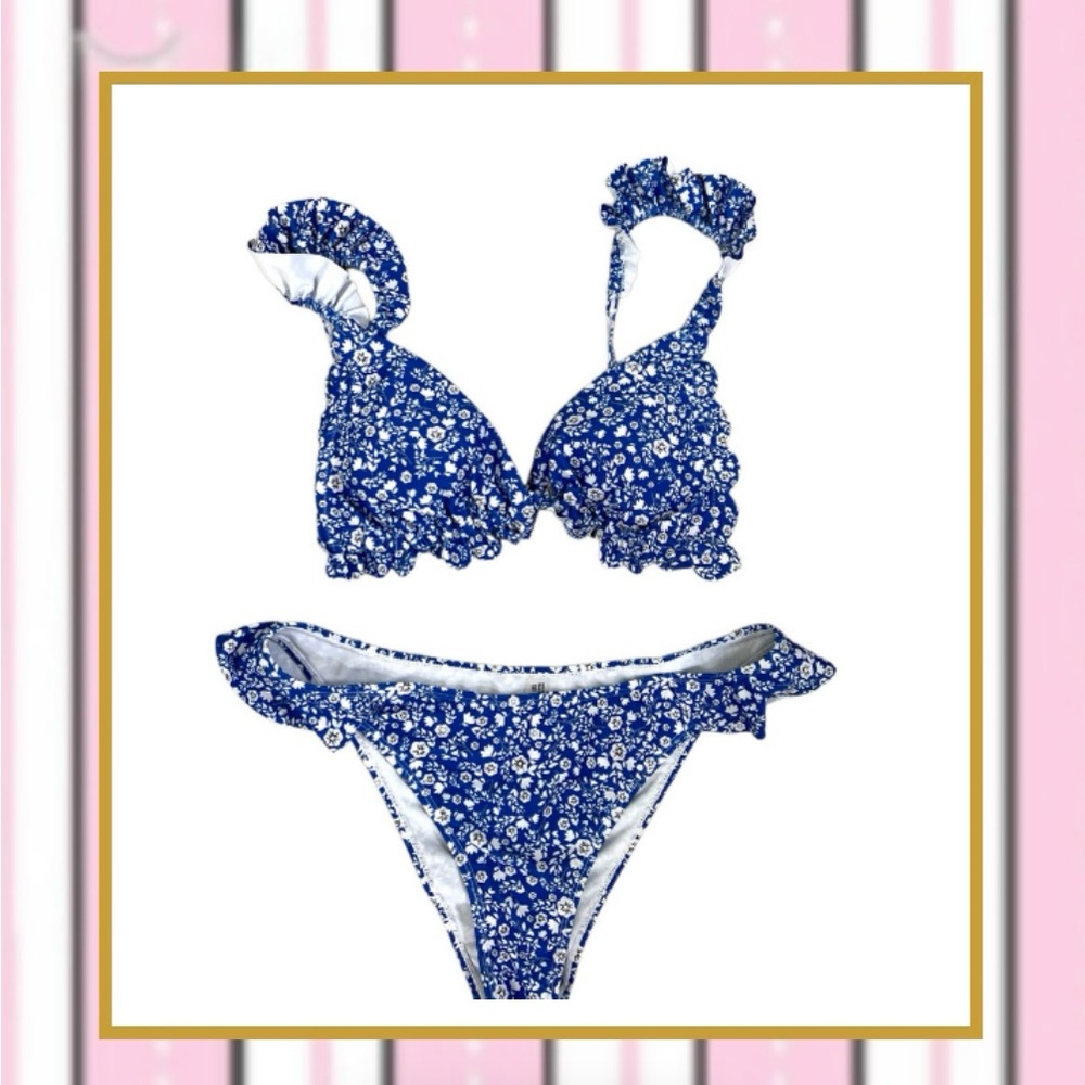 Ditsy Floral Print Ruffle Trim Triangle Bikini Swimsuit